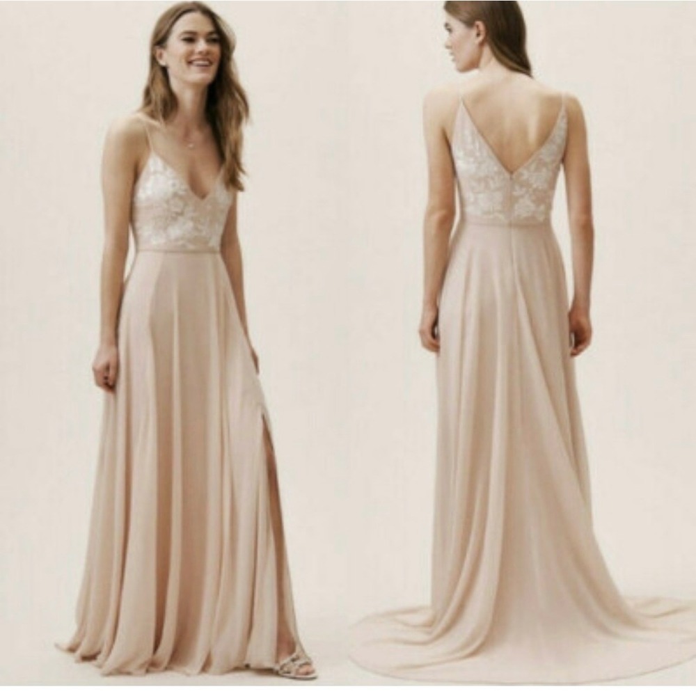 BHLDN Blush Pink Floral Embroidered Chiffon Maxi Dress Formal Gown Sz 4